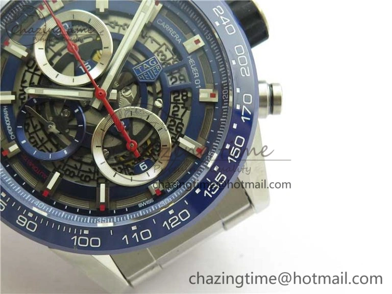 Youthful Calibre Heuer 01 Chrono 43mm SS Blue XF 1:1 Best Edition Skeleton Dial Red Hand on SS Bracelet A 9673