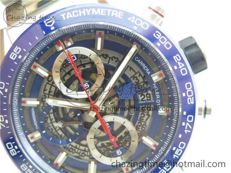 Youthful Calibre Heuer 01 Chrono 43mm SS Blue XF 1:1 Best Edition Skeleton Dial Red Hand on SS Bracelet A 9673