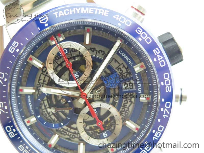 Youthful Calibre Heuer 01 Chrono 43mm SS Blue XF 1:1 Best Edition Skeleton Dial Red Hand on SS Bracelet A 9673