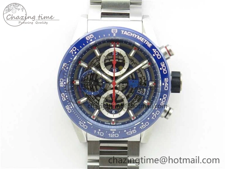 Youthful Calibre Heuer 01 Chrono 43mm SS Blue XF 1:1 Best Edition Skeleton Dial Red Hand on SS Bracelet A 9673