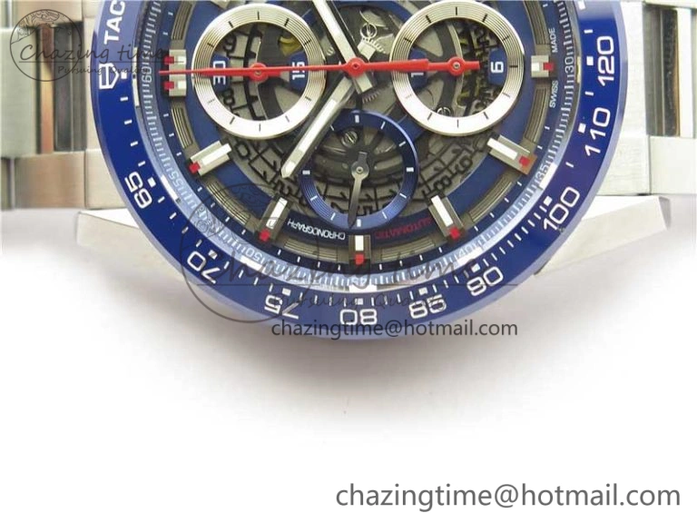 Youthful Calibre Heuer 01 Chrono 43mm SS Blue XF 1:1 Best Edition Skeleton Dial Red Hand on SS Bracelet A 9673