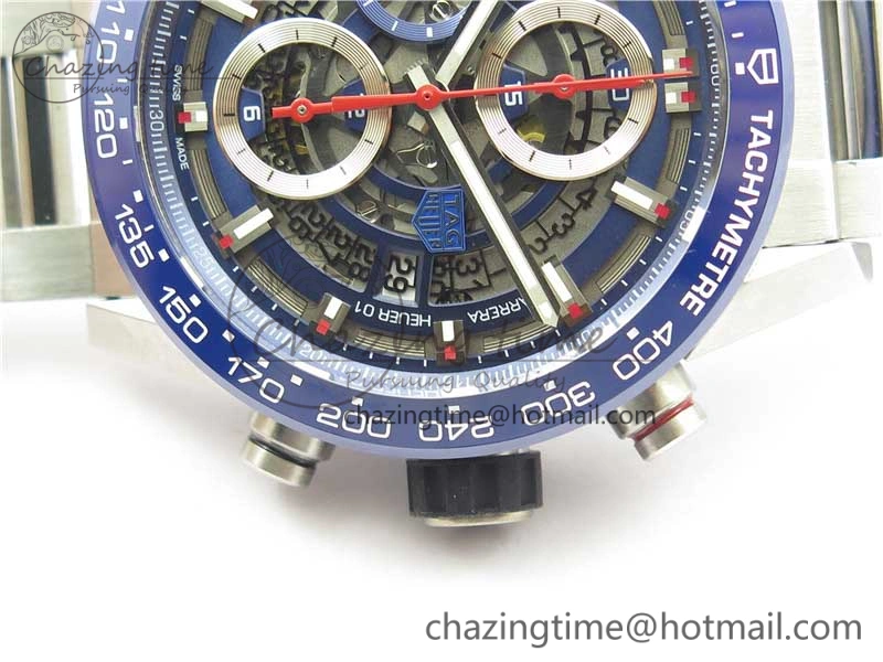 Youthful Calibre Heuer 01 Chrono 43mm SS Blue XF 1:1 Best Edition Skeleton Dial Red Hand on SS Bracelet A 9673