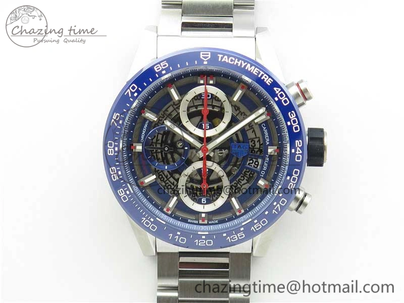 Youthful Calibre Heuer 01 Chrono 43mm SS Blue XF 1:1 Best Edition Skeleton Dial Red Hand on SS Bracelet A 9673