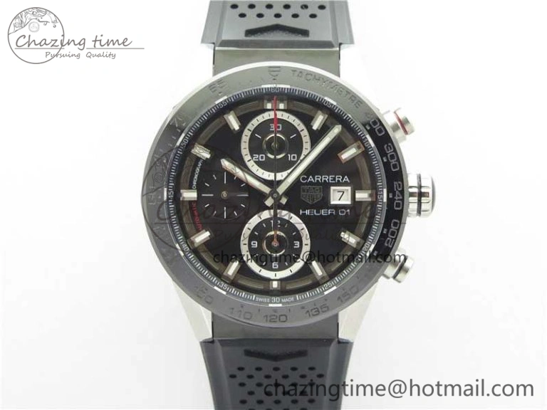 Sporty Calibre Heuer 01 Chrono SS XF 1:1 Best Edition Black Dial on Black Rubber Strap A 9666