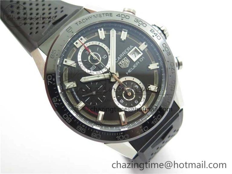 Sporty Calibre Heuer 01 Chrono SS XF 1:1 Best Edition Black Dial on Black Rubber Strap A 9666