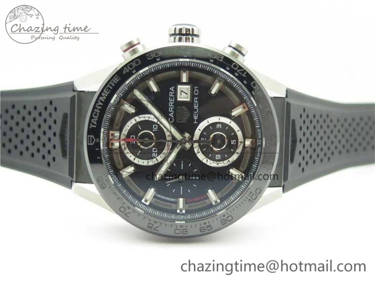 Sporty Calibre Heuer 01 Chrono SS XF 1:1 Best Edition Black Dial on Black Rubber Strap A 9666