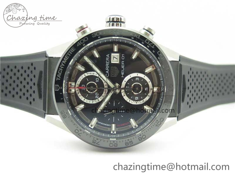 Sporty Calibre Heuer 01 Chrono SS XF 1:1 Best Edition Black Dial on Black Rubber Strap A 9666