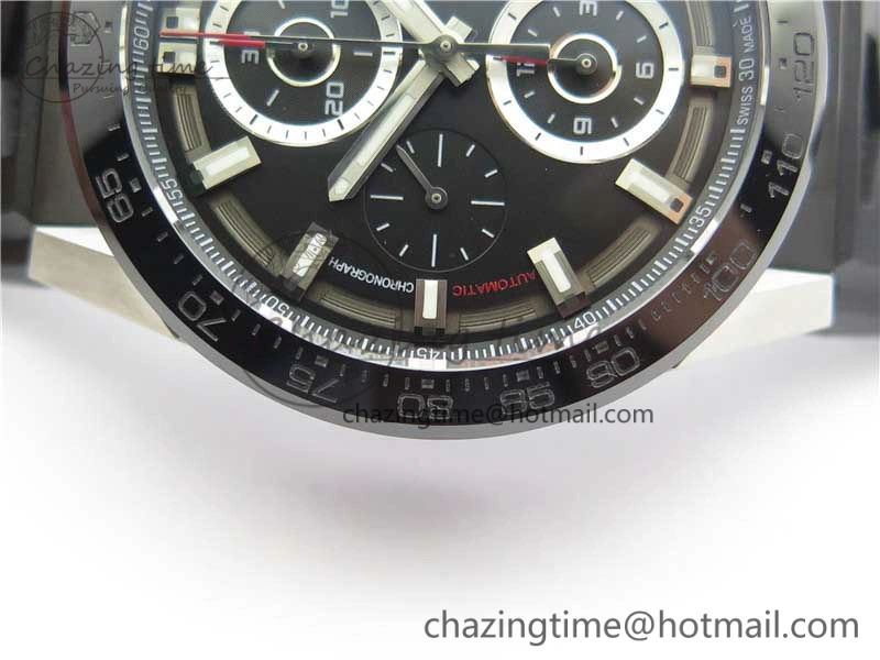 Sporty Calibre Heuer 01 Chrono SS XF 1:1 Best Edition Black Dial on Black Rubber Strap A 9666