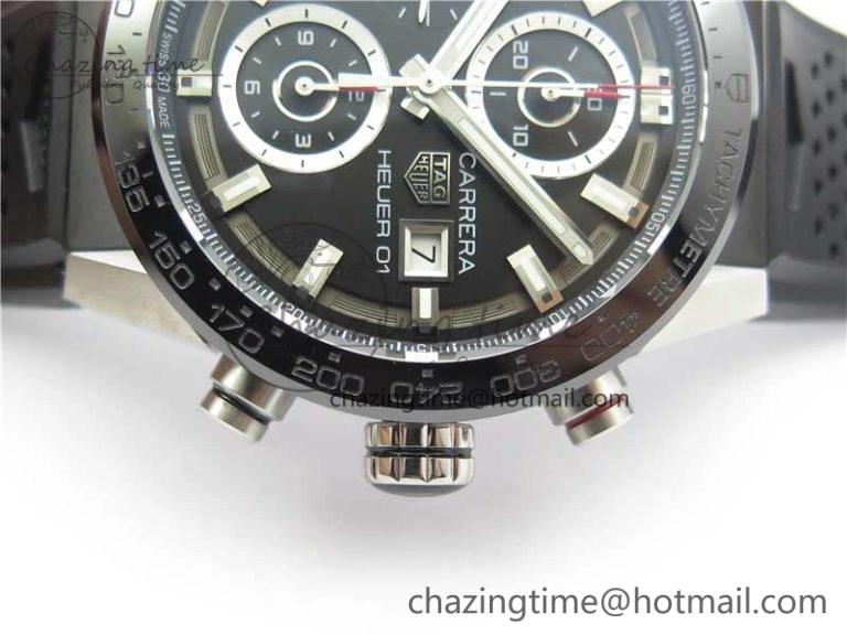 Sporty Calibre Heuer 01 Chrono SS XF 1:1 Best Edition Black Dial on Black Rubber Strap A 9666