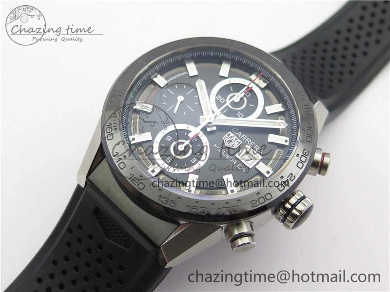 Sporty Calibre Heuer 01 Chrono SS XF 1:1 Best Edition Black Dial on Black Rubber Strap A 9666
