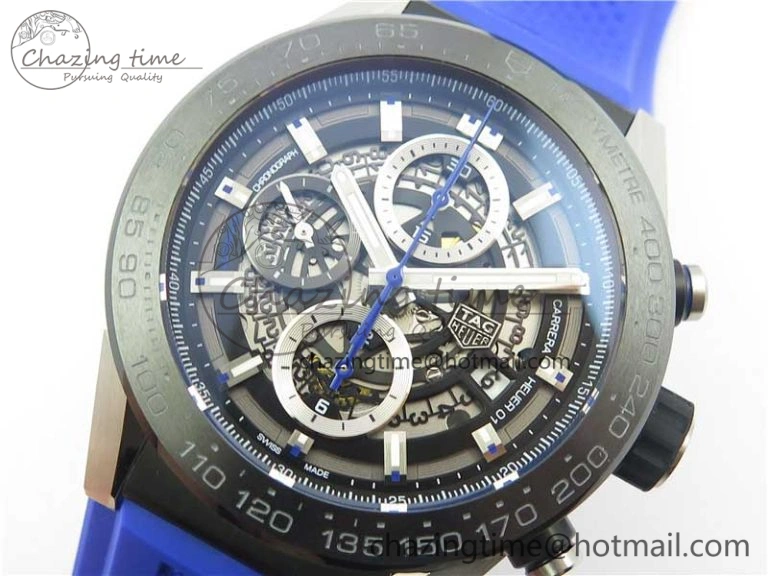 Flexible Calibre Heuer 01 Chrono SS PVD XF 1:1 Best Edition Skeleton Dial Blue Hand on Blue Rubber Strap A 9670