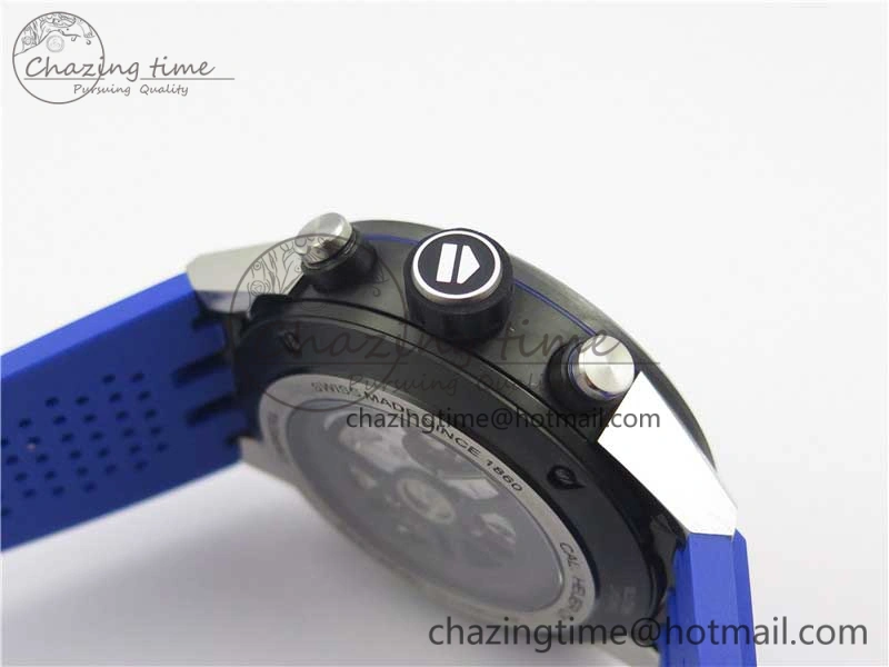 Flexible Calibre Heuer 01 Chrono SS PVD XF 1:1 Best Edition Skeleton Dial Blue Hand on Blue Rubber Strap A 9670