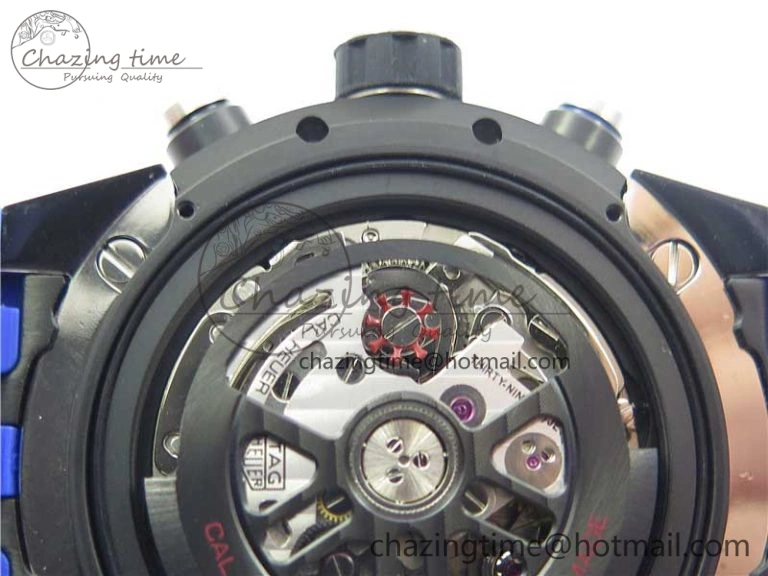 Flexible Calibre Heuer 01 Chrono SS PVD XF 1:1 Best Edition Skeleton Dial Blue Hand on Blue Rubber Strap A 9670