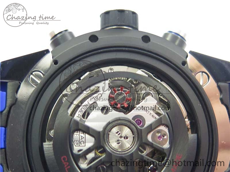 Flexible Calibre Heuer 01 Chrono SS PVD XF 1:1 Best Edition Skeleton Dial Blue Hand on Blue Rubber Strap A 9670
