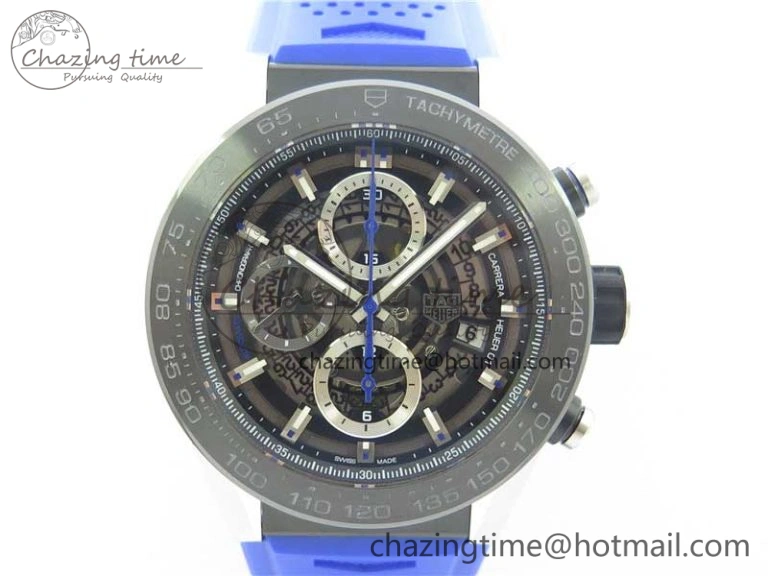 Flexible Calibre Heuer 01 Chrono SS PVD XF 1:1 Best Edition Skeleton Dial Blue Hand on Blue Rubber Strap A 9670