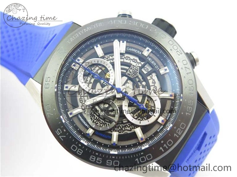 Flexible Calibre Heuer 01 Chrono SS PVD XF 1:1 Best Edition Skeleton Dial Blue Hand on Blue Rubber Strap A 9670