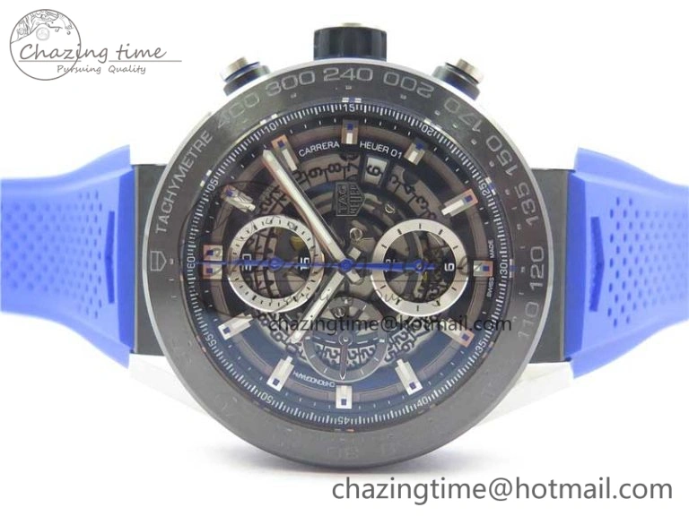 Flexible Calibre Heuer 01 Chrono SS PVD XF 1:1 Best Edition Skeleton Dial Blue Hand on Blue Rubber Strap A 9670