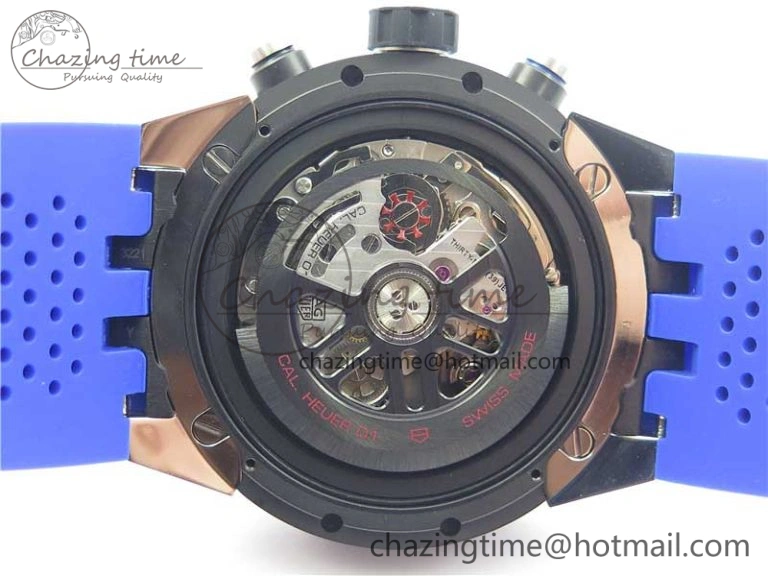 Flexible Calibre Heuer 01 Chrono SS PVD XF 1:1 Best Edition Skeleton Dial Blue Hand on Blue Rubber Strap A 9670