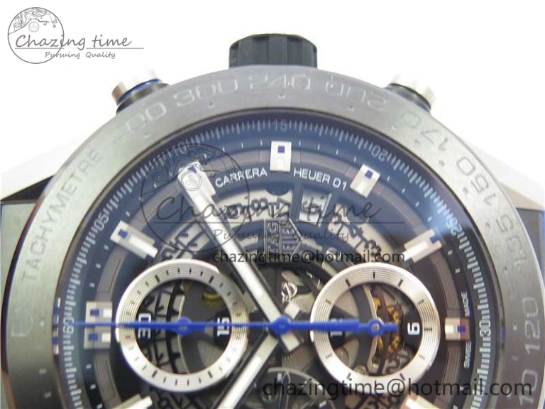 Flexible Calibre Heuer 01 Chrono SS PVD XF 1:1 Best Edition Skeleton Dial Blue Hand on Blue Rubber Strap A 9670