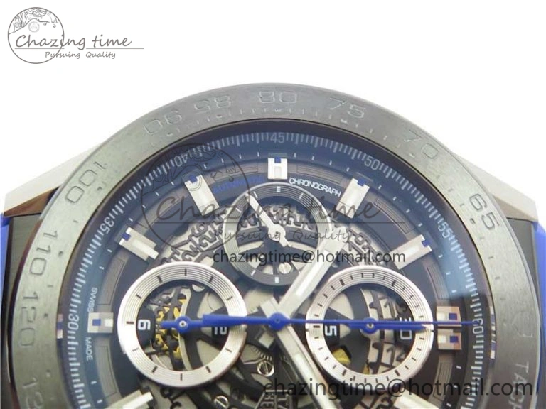 Flexible Calibre Heuer 01 Chrono SS PVD XF 1:1 Best Edition Skeleton Dial Blue Hand on Blue Rubber Strap A 9670