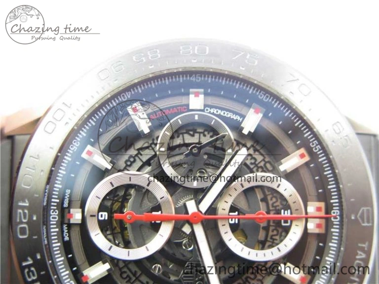 Calibre Heuer 01 Chrono SS PVD XF 1:1 Best Edition Skeleton Dial Red Hand on Black Rubber Strap A GoAnywhere 9667