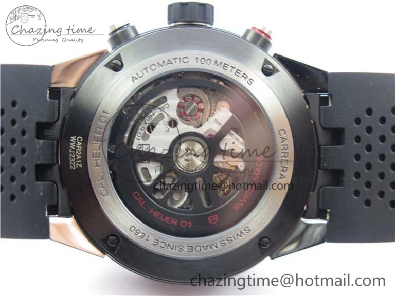 Calibre Heuer 01 Chrono SS PVD XF 1:1 Best Edition Skeleton Dial Red Hand on Black Rubber Strap A GoAnywhere 9667