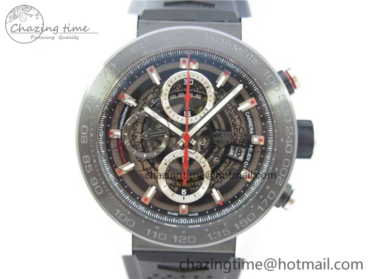 Calibre Heuer 01 Chrono SS PVD XF 1:1 Best Edition Skeleton Dial Red Hand on Black Rubber Strap A GoAnywhere 9667