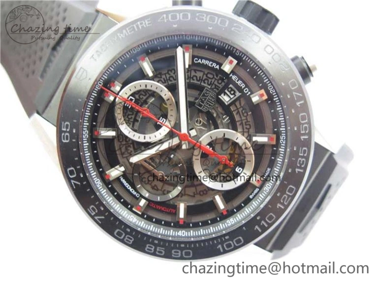 Calibre Heuer 01 Chrono SS PVD XF 1:1 Best Edition Skeleton Dial Red Hand on Black Rubber Strap A GoAnywhere 9667