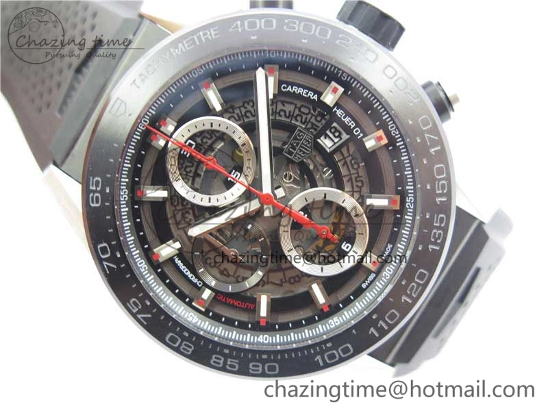 Calibre Heuer 01 Chrono SS PVD XF 1:1 Best Edition Skeleton Dial Red Hand on Black Rubber Strap A GoAnywhere 9667