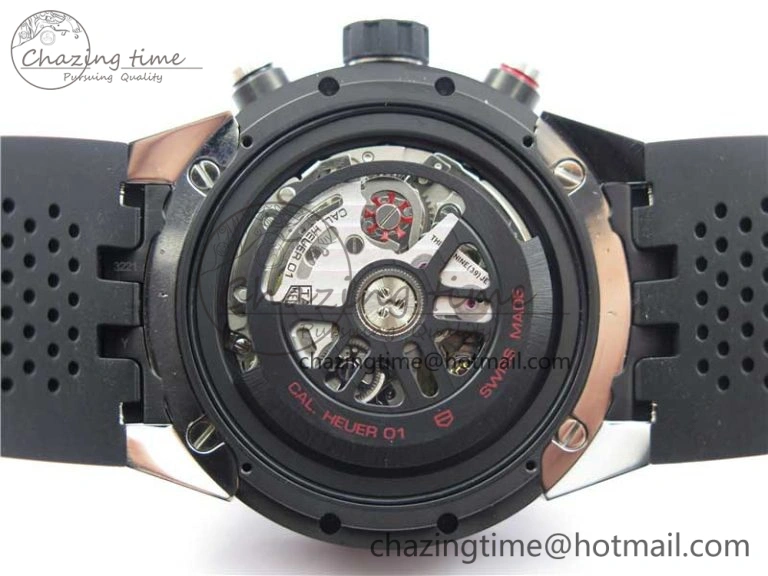 Calibre Heuer 01 Chrono SS PVD XF 1:1 Best Edition Skeleton Dial Red Hand on Black Rubber Strap A GoAnywhere 9667