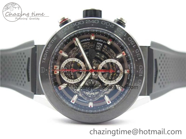 Calibre Heuer 01 Chrono SS PVD XF 1:1 Best Edition Skeleton Dial Red Hand on Black Rubber Strap A GoAnywhere 9667