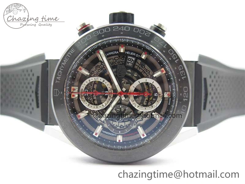 Calibre Heuer 01 Chrono SS PVD XF 1:1 Best Edition Skeleton Dial Red Hand on Black Rubber Strap A GoAnywhere 9667