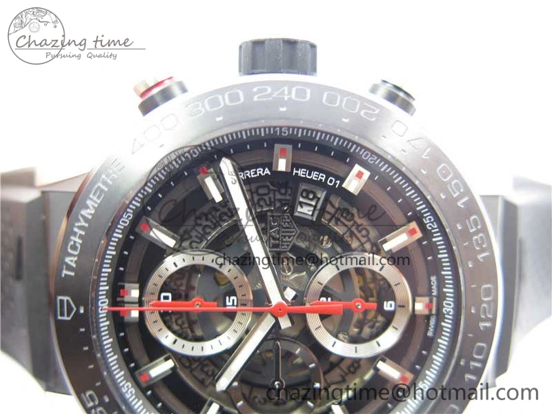 Calibre Heuer 01 Chrono SS PVD XF 1:1 Best Edition Skeleton Dial Red Hand on Black Rubber Strap A GoAnywhere 9667