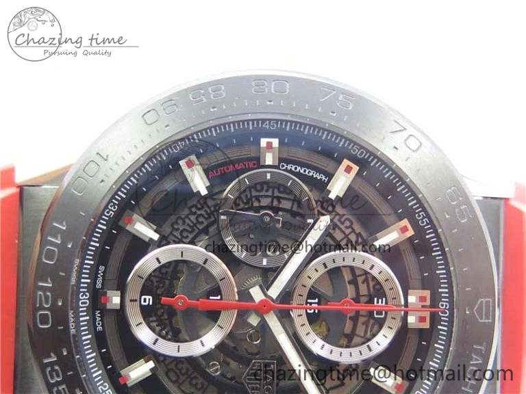 Calibre Heuer 01 Chrono SS PVD XF 1:1 Best Edition Skeleton Dial Red Hand on Red Rubber Strap A WeatherProof 9668