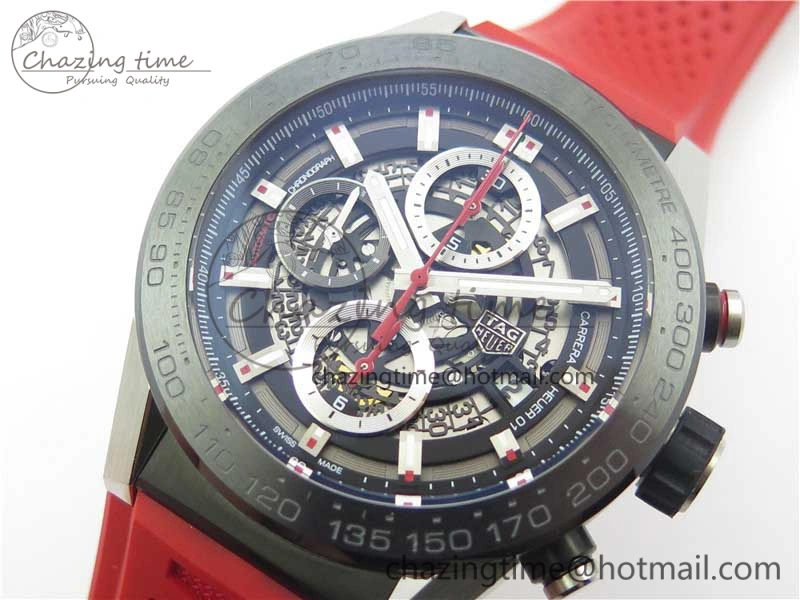 Calibre Heuer 01 Chrono SS PVD XF 1:1 Best Edition Skeleton Dial Red Hand on Red Rubber Strap A WeatherProof 9668