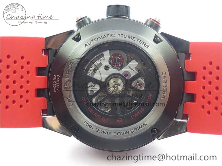 Calibre Heuer 01 Chrono SS PVD XF 1:1 Best Edition Skeleton Dial Red Hand on Red Rubber Strap A WeatherProof 9668
