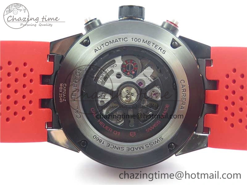 Calibre Heuer 01 Chrono SS PVD XF 1:1 Best Edition Skeleton Dial Red Hand on Red Rubber Strap A WeatherProof 9668