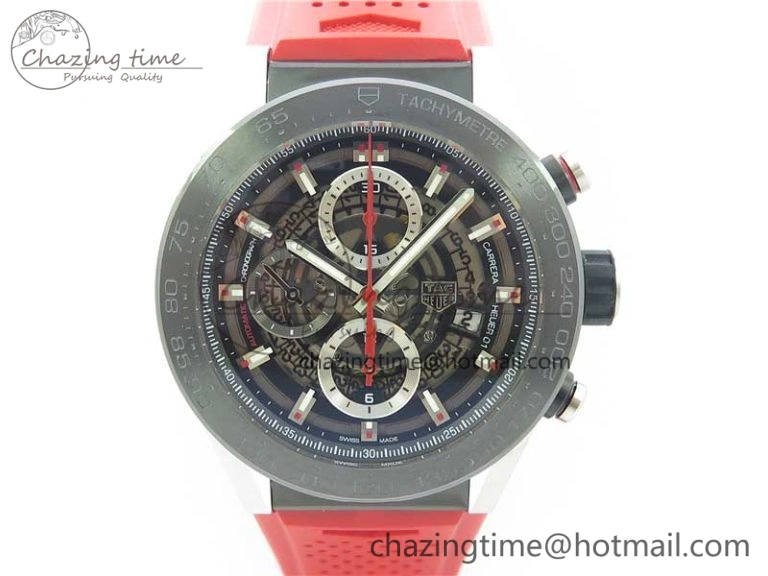 Calibre Heuer 01 Chrono SS PVD XF 1:1 Best Edition Skeleton Dial Red Hand on Red Rubber Strap A WeatherProof 9668