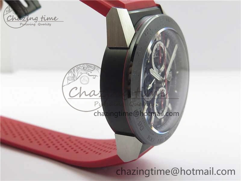 Calibre Heuer 01 Chrono SS PVD XF 1:1 Best Edition Skeleton Dial Red Hand on Red Rubber Strap A WeatherProof 9668