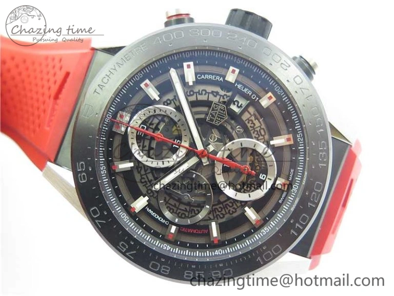 Calibre Heuer 01 Chrono SS PVD XF 1:1 Best Edition Skeleton Dial Red Hand on Red Rubber Strap A WeatherProof 9668