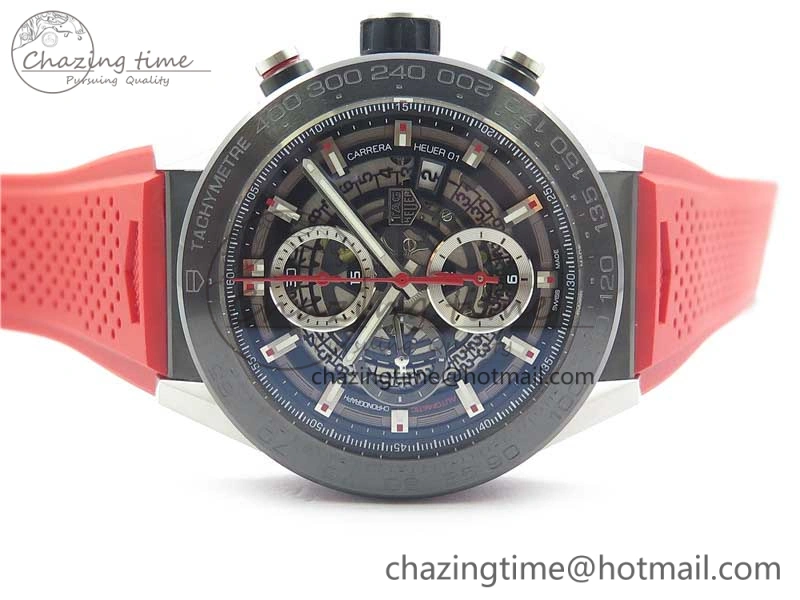 Calibre Heuer 01 Chrono SS PVD XF 1:1 Best Edition Skeleton Dial Red Hand on Red Rubber Strap A WeatherProof 9668