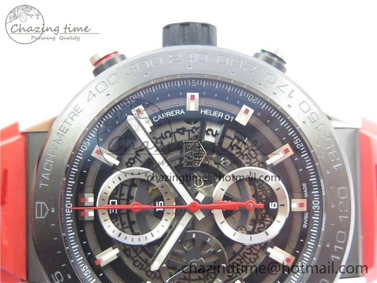 Calibre Heuer 01 Chrono SS PVD XF 1:1 Best Edition Skeleton Dial Red Hand on Red Rubber Strap A WeatherProof 9668