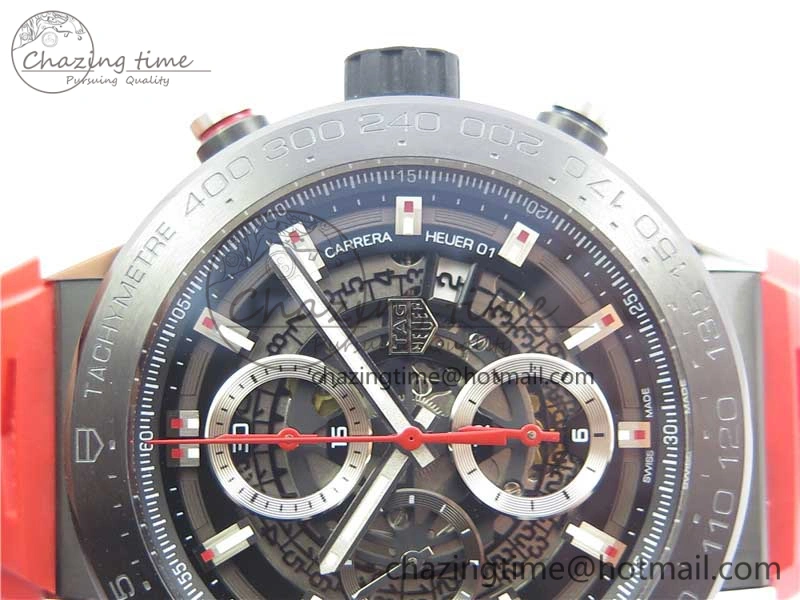 Calibre Heuer 01 Chrono SS PVD XF 1:1 Best Edition Skeleton Dial Red Hand on Red Rubber Strap A WeatherProof 9668