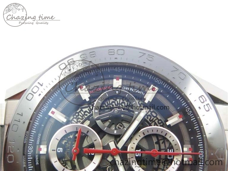 TimelessDesign Calibre Heuer 01 Chrono SS PVD XF 1:1 Best Edition Skeleton Dial Red Hand on SS Bracelet A 9672