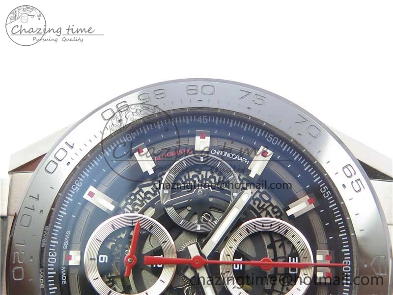 TimelessDesign Calibre Heuer 01 Chrono SS PVD XF 1:1 Best Edition Skeleton Dial Red Hand on SS Bracelet A 9672