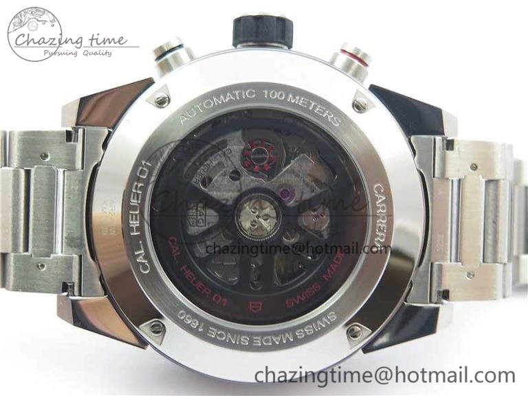 TimelessDesign Calibre Heuer 01 Chrono SS PVD XF 1:1 Best Edition Skeleton Dial Red Hand on SS Bracelet A 9672