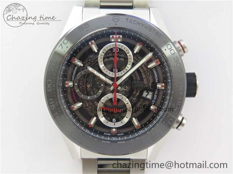 TimelessDesign Calibre Heuer 01 Chrono SS PVD XF 1:1 Best Edition Skeleton Dial Red Hand on SS Bracelet A 9672