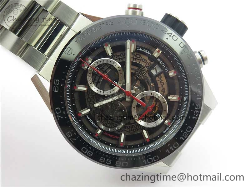 TimelessDesign Calibre Heuer 01 Chrono SS PVD XF 1:1 Best Edition Skeleton Dial Red Hand on SS Bracelet A 9672