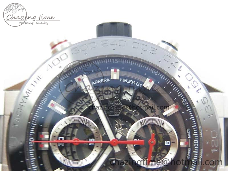 TimelessDesign Calibre Heuer 01 Chrono SS PVD XF 1:1 Best Edition Skeleton Dial Red Hand on SS Bracelet A 9672