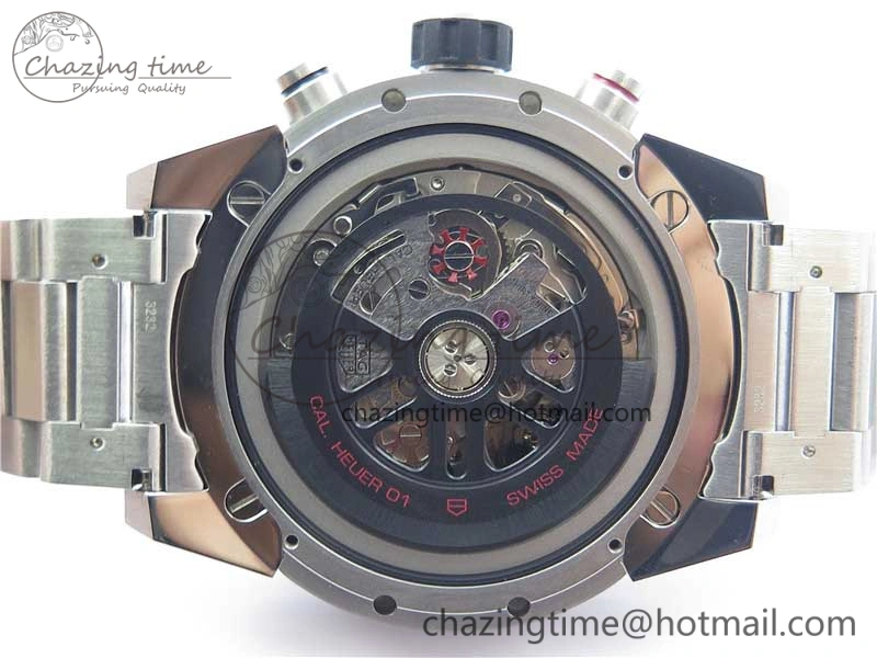 TimelessDesign Calibre Heuer 01 Chrono SS PVD XF 1:1 Best Edition Skeleton Dial Red Hand on SS Bracelet A 9672